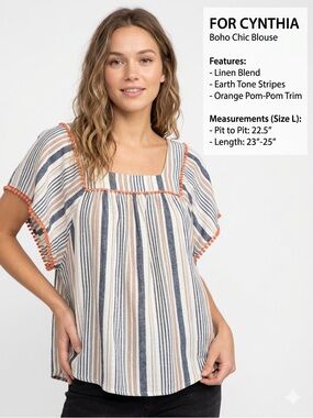 For Cynthia Linen Blend Striped Pom Pom Trim Boho Blouse - Size Large